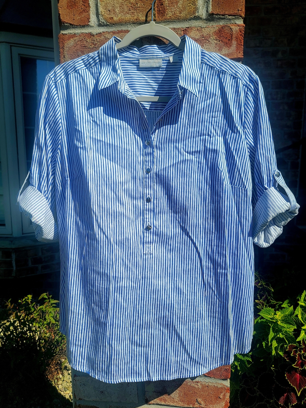 New York & Company Women's Blue and White Striped Button-Front Shirt